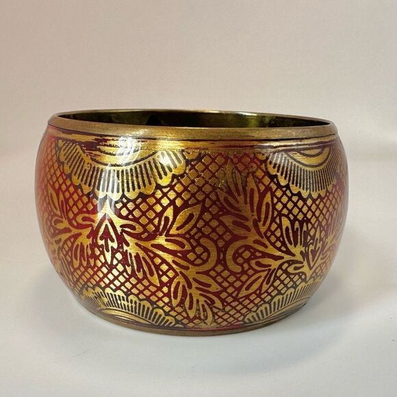 Red and gold tone wide brass  bangle bracelet - Picture 7 of 11